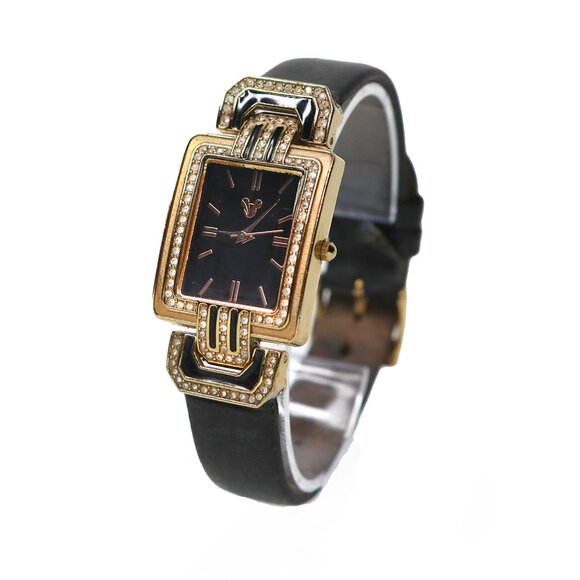 Disney Parks Mickey Mouse Analog Watch Art Deco Gold Black Leather Rhinestones - Picture 5 of 14